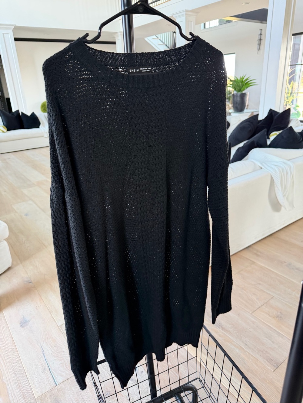 SHEIN Black Open-Knit Crewneck Sweater